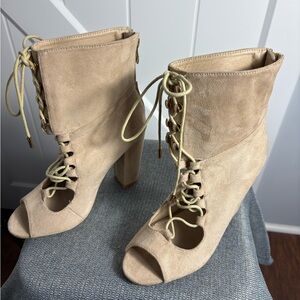 M&L Stiletto Lace Up Beige Suede Boots Elegant Ankle Boots